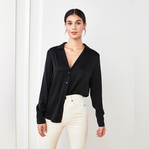 Quince black washable stretch silk notch collar blouse, size M